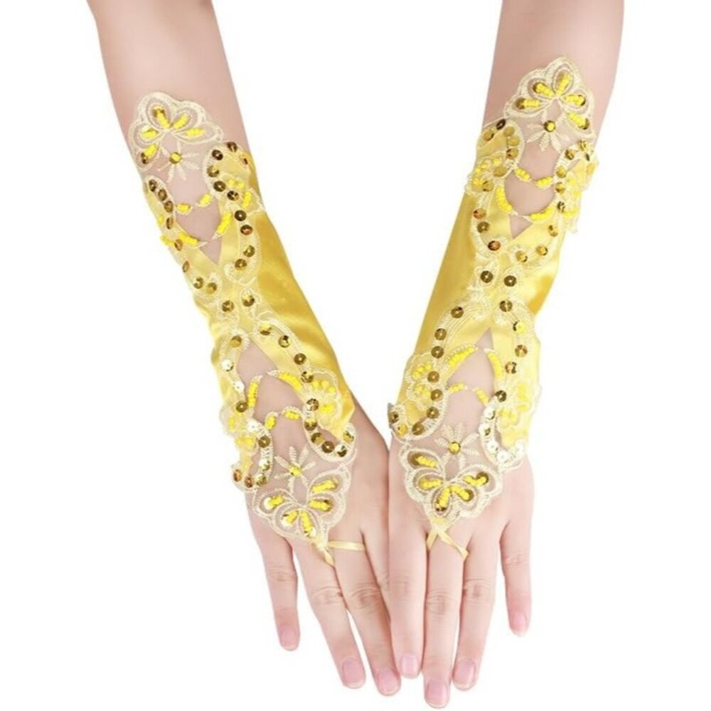 Women's A-Yellow Sequins Beads Fingerless Satin Gloves Party Prom Accessories